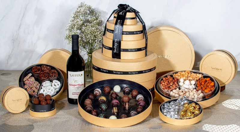 Elegant 5 Tier Gourmet Nuts & Chocolates Round Gold Gift Box