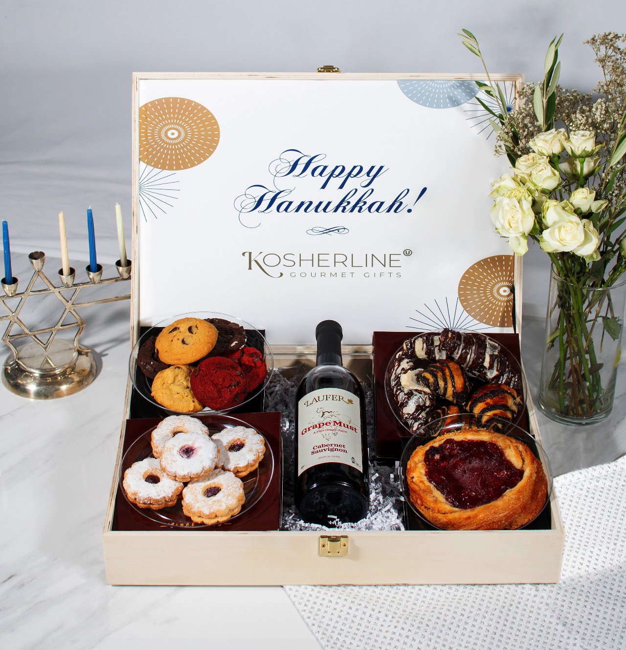 Hanukkah Deluxe Pastries Wine Keepsake Wooden Gift Box – Gourmet