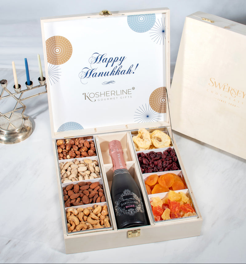 Hanukkah Gourmet Dried Fruit, Nuts & Wine Wooden Gift Box