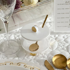 Rosh Hashanah Honey Dish with Gold Spoon