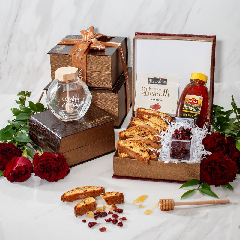 Glass Honey Server with Biscotti & Dried Cranberries Rosh Hashanah Gift Box