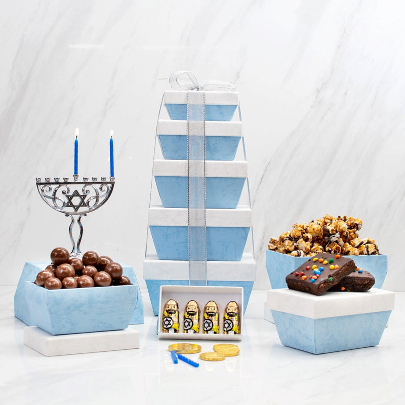 Marvelous Hanukkah Chocolate Snacks & Menorah Gift Tower