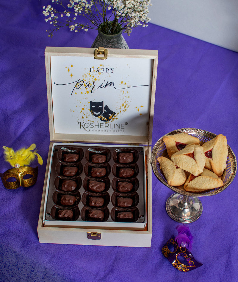 Purim Chocolate Dipped Fruit Delights Keepsake Wood Gift Box