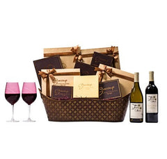 Purim Wine Kosher Chocolate Gift Basket with Designer Wine Glasses