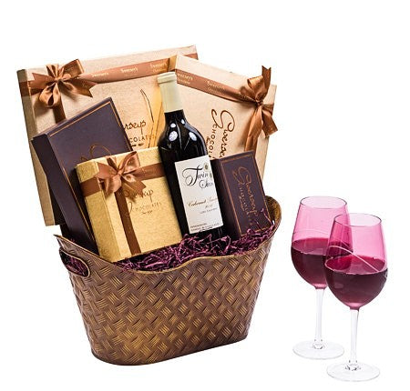 Signature Wine Kosher Chocolate Gift Basket with Designer Wine Glasses 