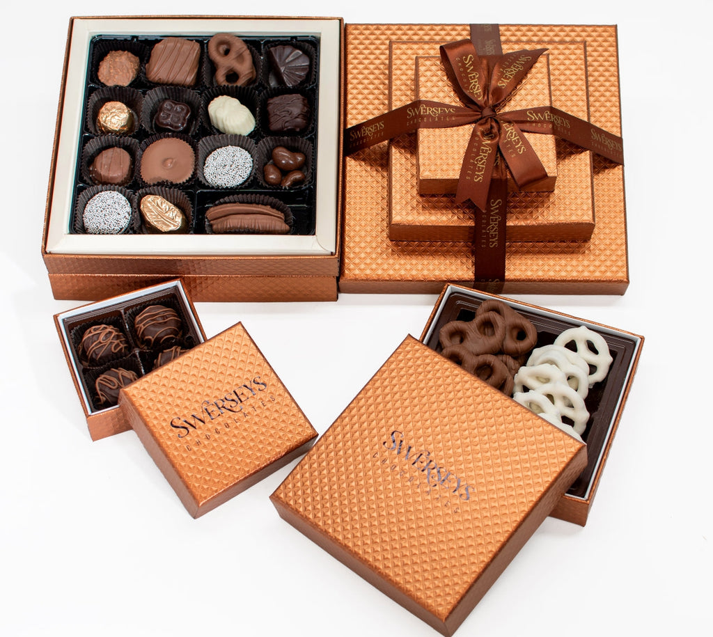 Swerseys Deluxe Copper 3 Tier Kosher Chocolate Gift Tower Gourmet Kosher Gift Baskets